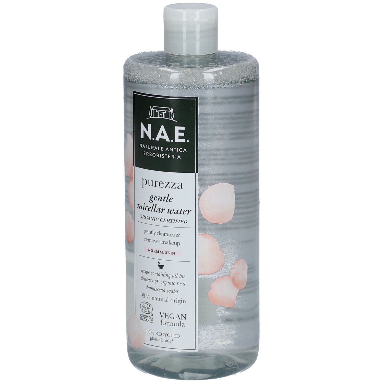 Flacone trasparente con tappo bianco. Etichetta con nome e logo del prodotto. Certificazione vegana.