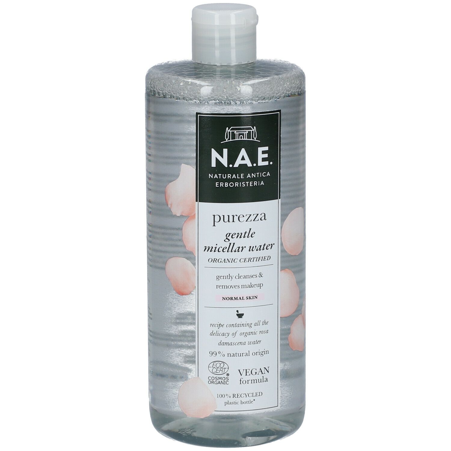 Flacone trasparente con tappo bianco. Etichetta con nome e logo del prodotto. Certificazione vegana.