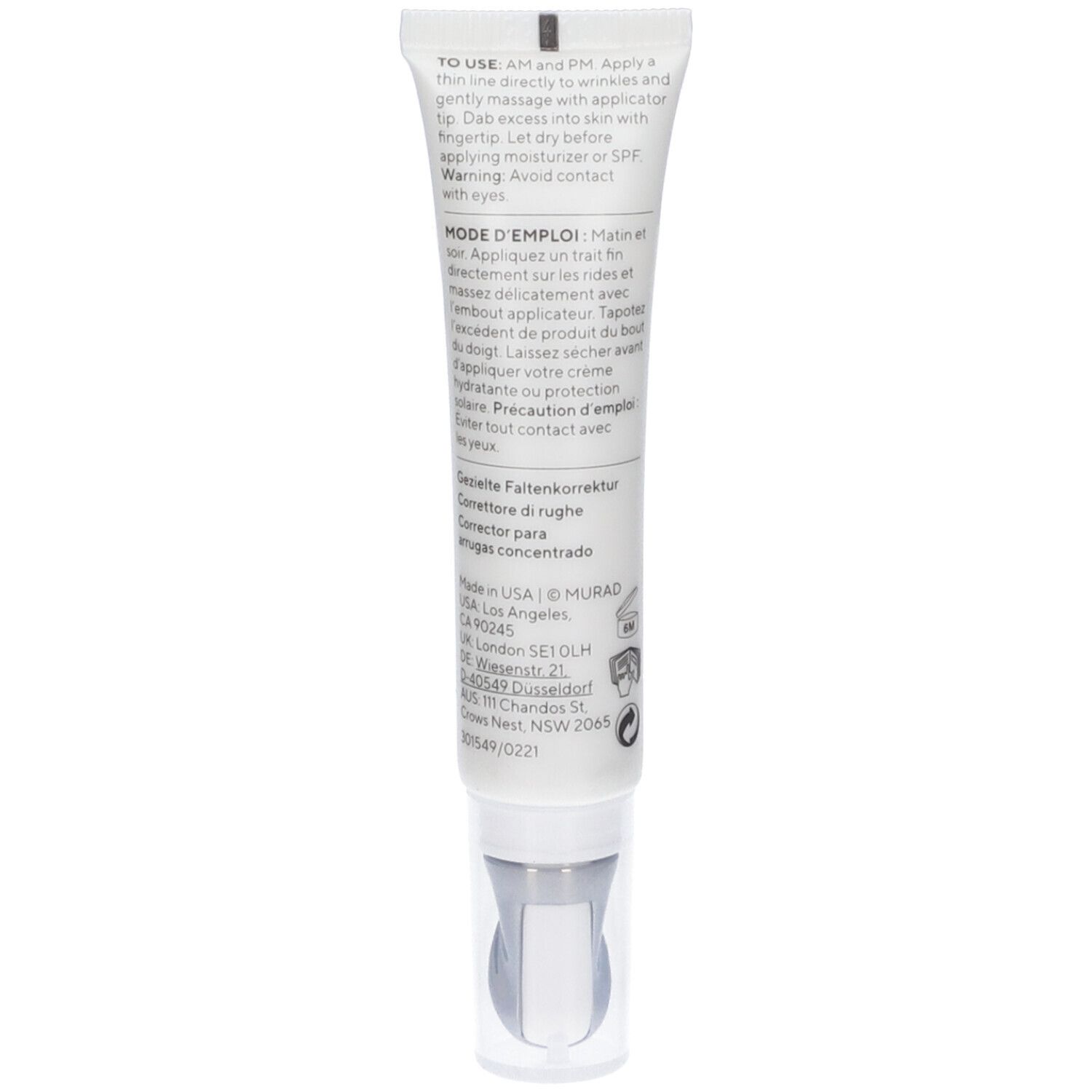 Confezione e tubo del prodotto. Confezione: bianca, verde. Tubo: bianco, verde, applicatore a sfera. Scritta: Murad.