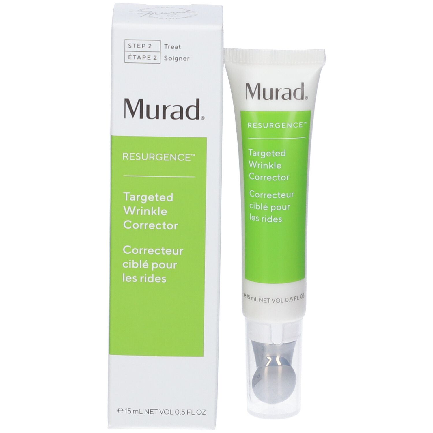 Confezione del prodotto. Bianca con accenti verdi. Scritta: Murad, Targeted Wrinkle Corrector.