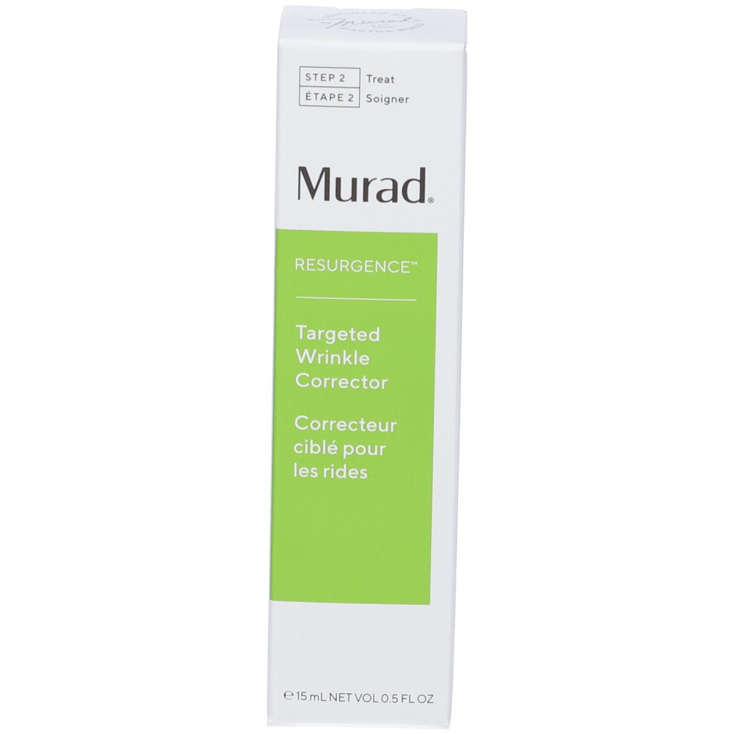 Lato della confezione del prodotto. Testo in più lingue. Scritta: Murad, Targeted Wrinkle Corrector.