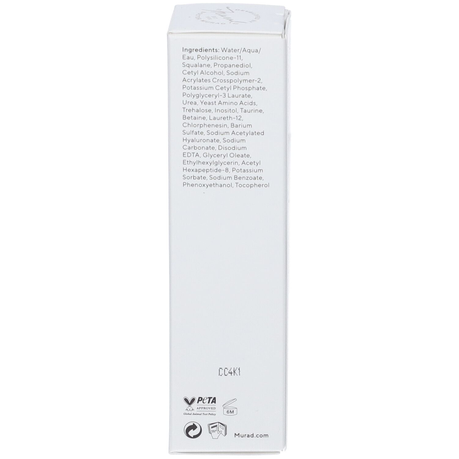 Lato della confezione del prodotto. Loghi e informazioni di contatto. Scritta: Murad.