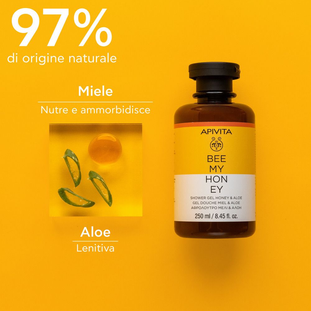 Flacone marrone con tappo nero. Sfondo giallo con ingredienti: miele e aloe. 97% di origine naturale.