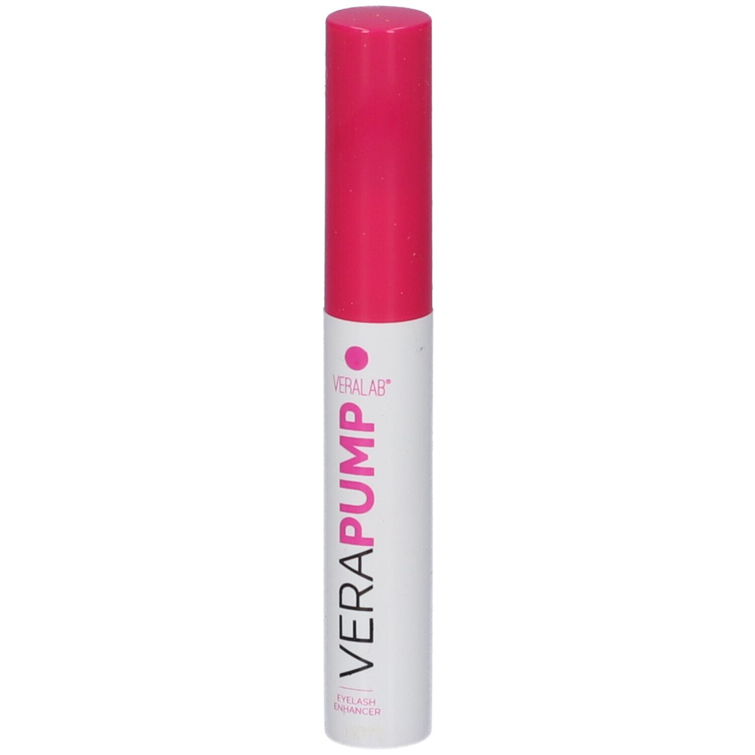 Flacone bianco con tappo rosa. Scritta VERAPUMP, Eyelash Enhancer. Testo rosa.