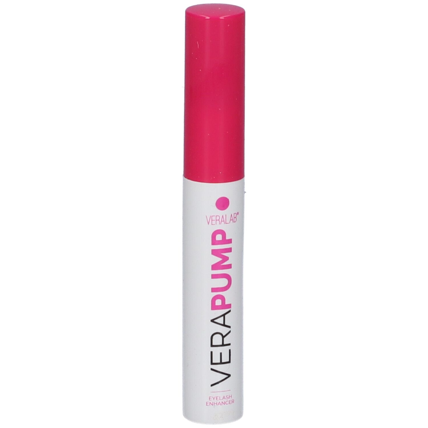 Flacone bianco con tappo rosa. Scritta VERAPUMP, Eyelash Enhancer. Testo rosa.