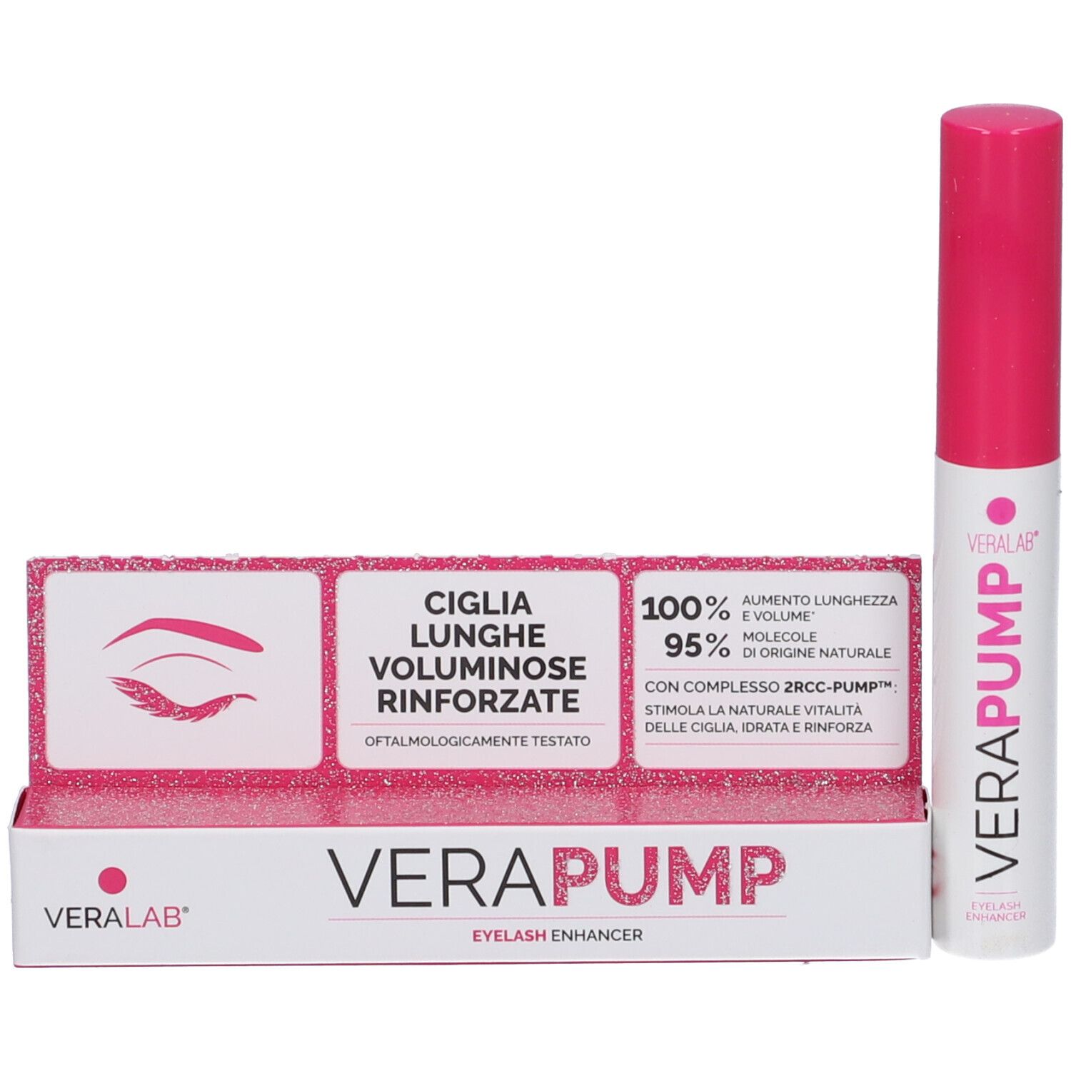 Prodotto e confezione. Flacone bianco con tappo rosa. Scritta VERAPUMP, Eyelash Enhancer. Scatola.