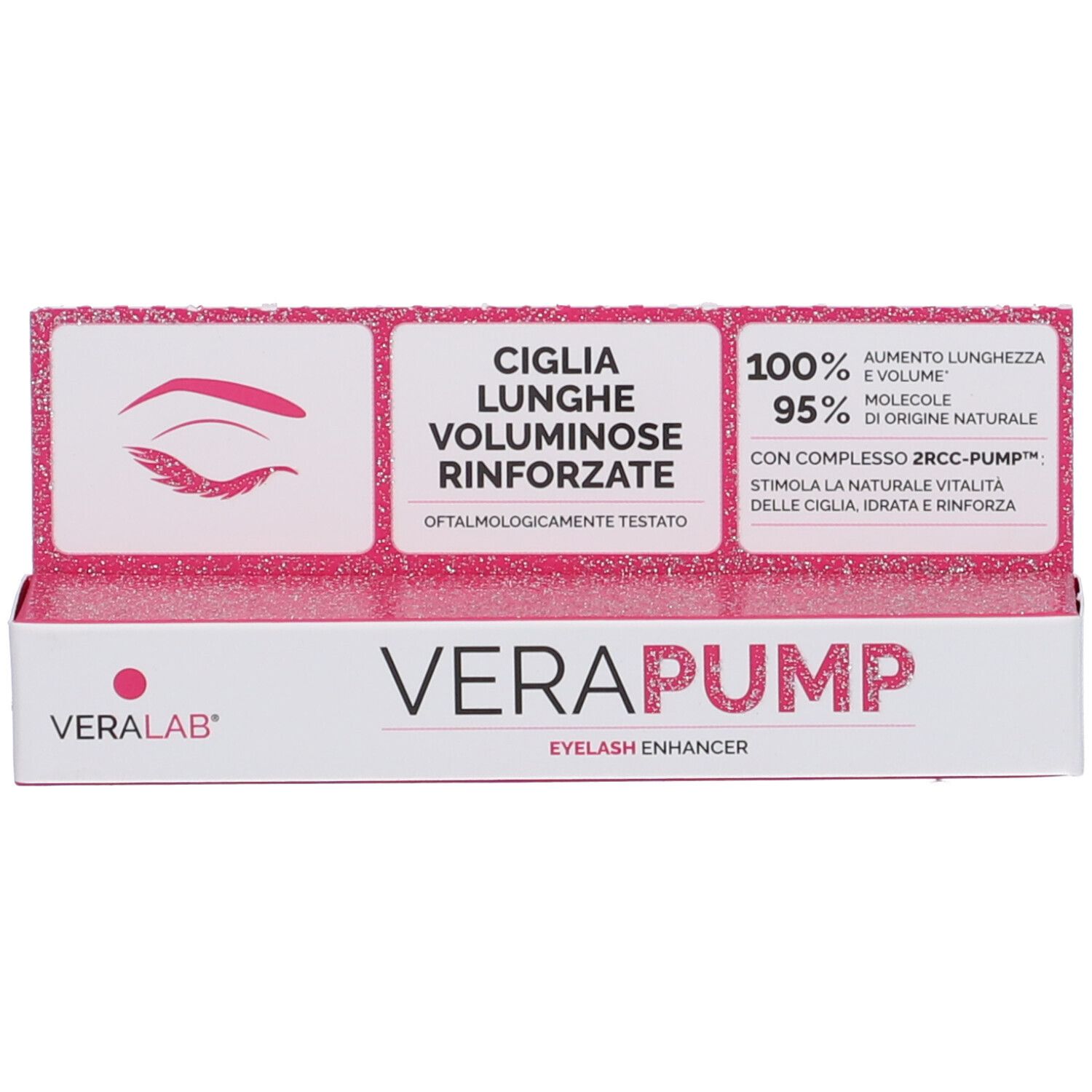 Confezione. Scatola con informazioni sul prodotto e logo. Scritta VERAPUMP, Eyelash Enhancer.
