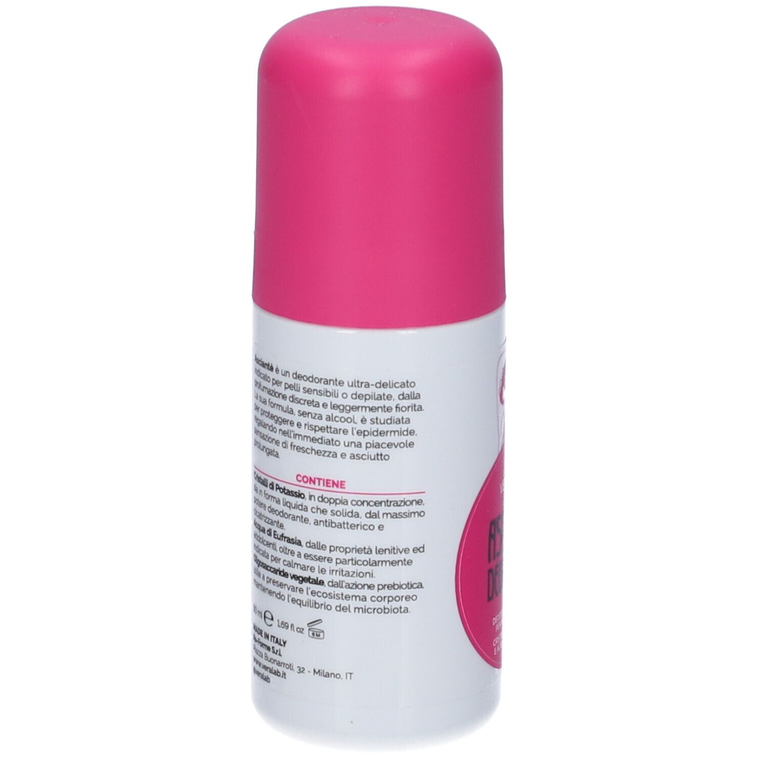 Retro del deodorante. Testo sugli ingredienti e le proprietà. Contiene cristalli e prebiotici.