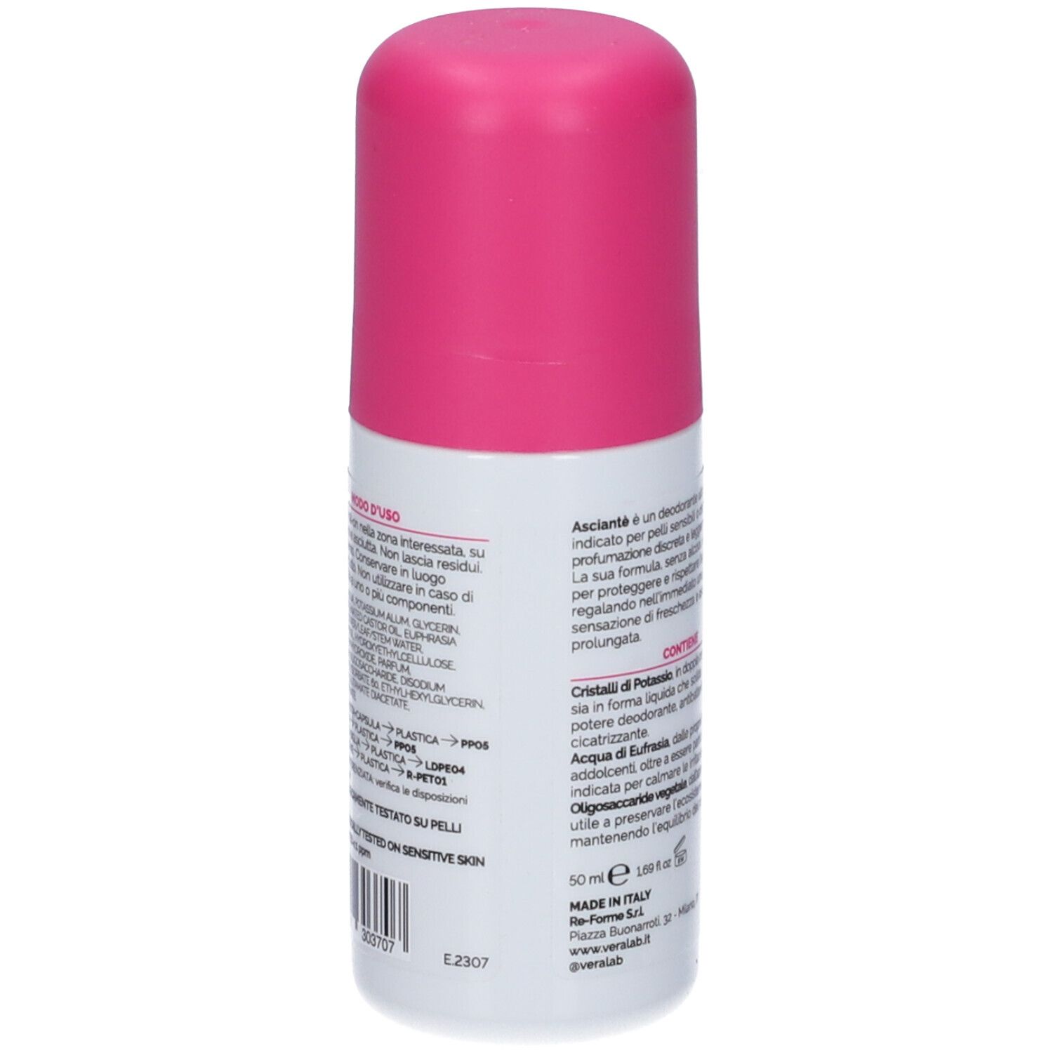 Retro del deodorante. Testo sull'uso e sugli ingredienti. Contiene cristalli e prebiotici.