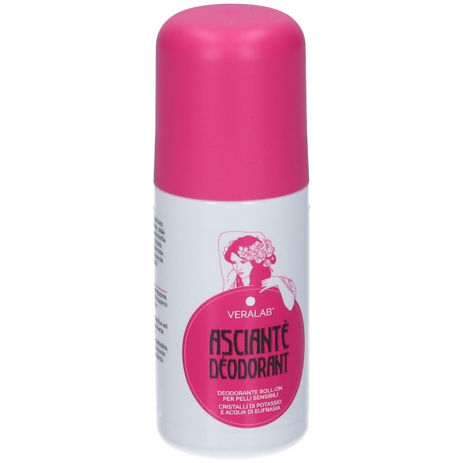 Deodorante roll-on con tappo rosa. Scritta: Asciante Deodorant. Contiene cristalli, acqua e Euphrasia. Veralab.
