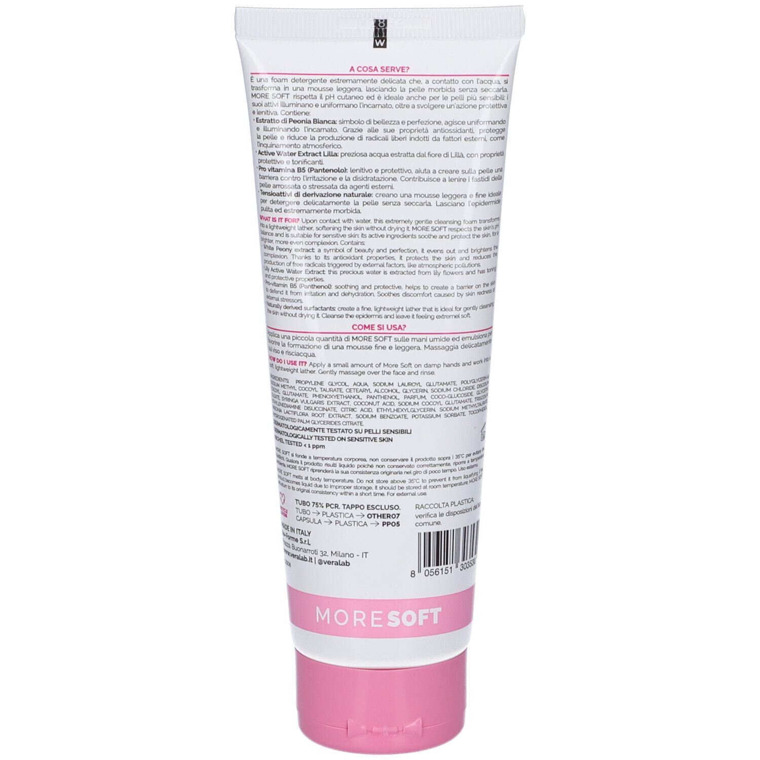 Retro del tubo bianco. Testo in italiano. Tappo rosa. Scritta: More Soft.