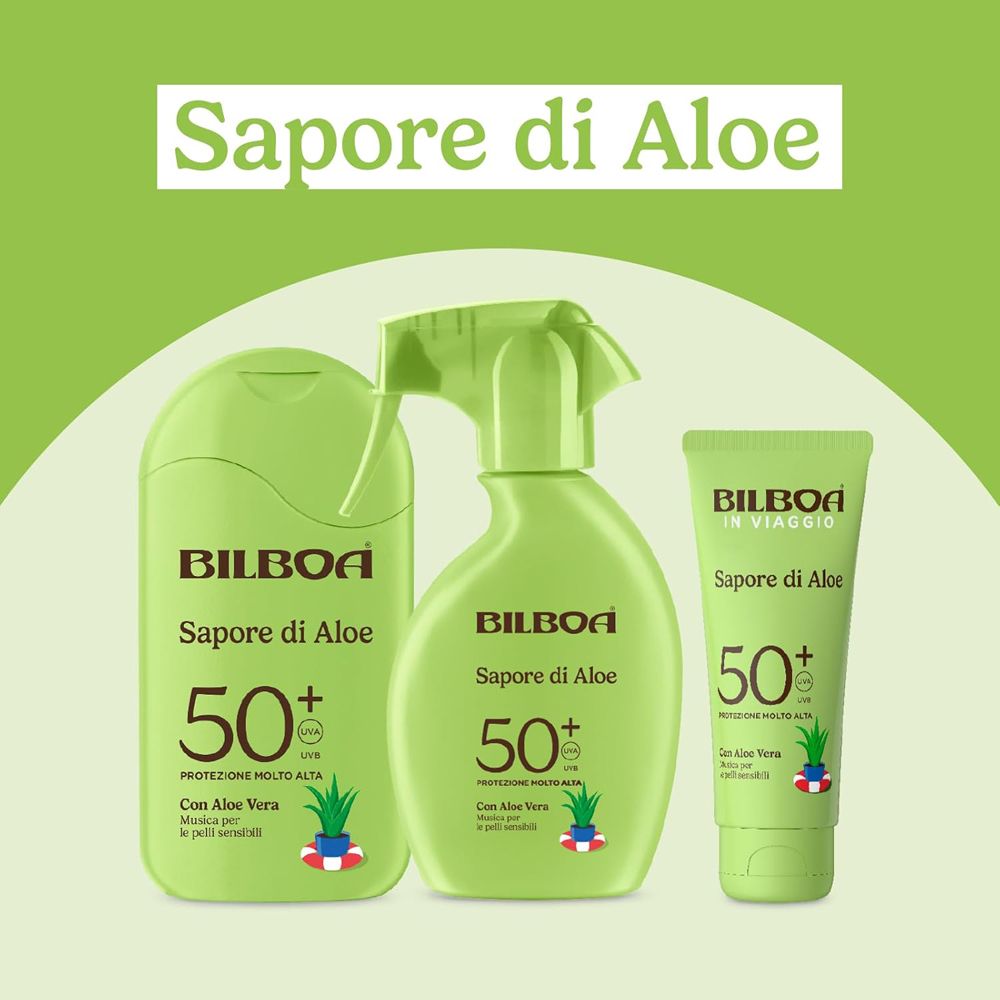 Tre prodotti: flacone spray, flacone e tubetto. Scritta: Bilboa Sapore di Aloe, SPF 50+, con Aloe Vera.