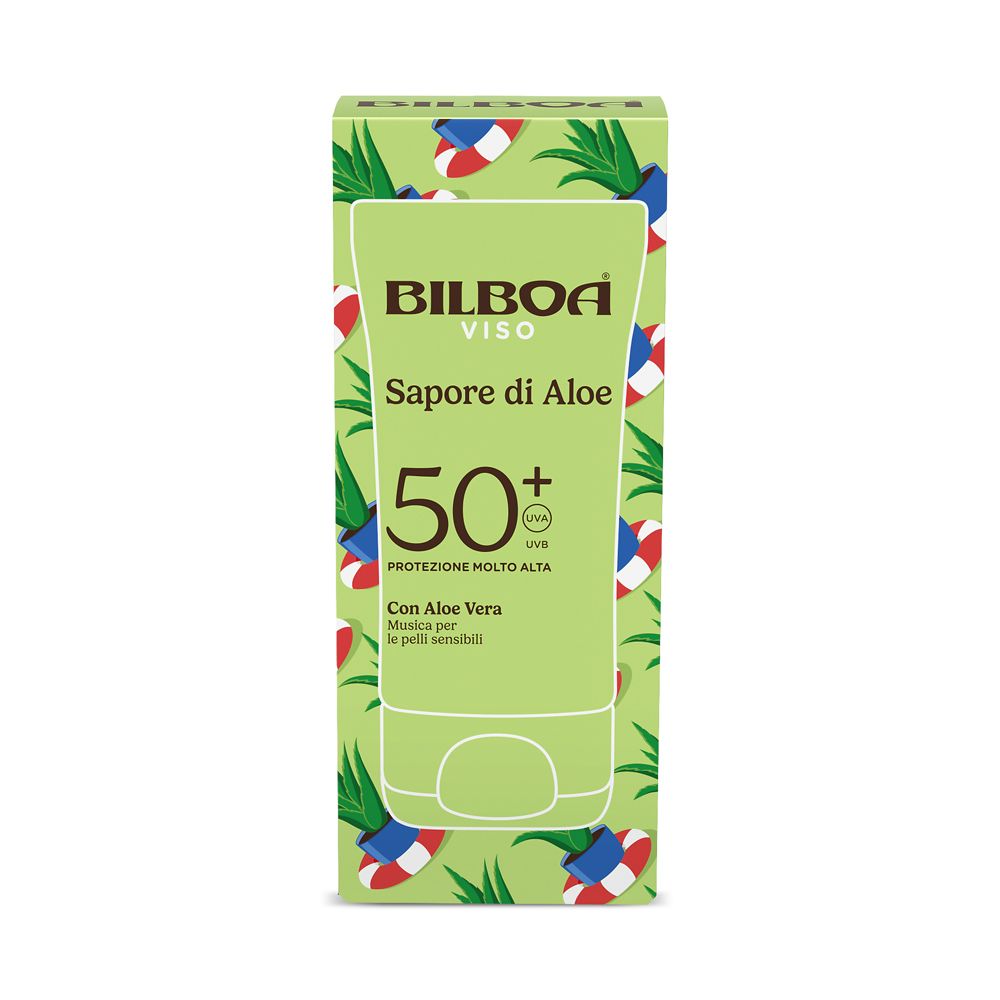 Confezione verde di crema solare. Scritta: Bilboa Viso Sapore di Aloe SPF 50+. Con Aloe Vera.
