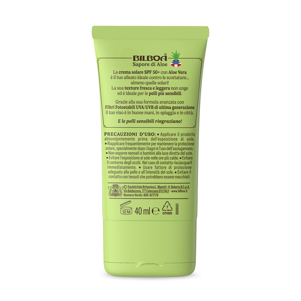 Retro del tubo verde. Testo sulla crema solare SPF 50+ con Aloe Vera. 40 ml.