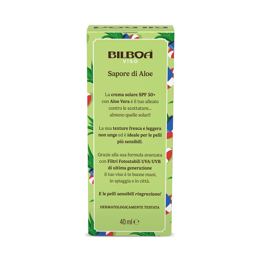 Confezione verde con testo sulla crema solare SPF 50+ con Aloe Vera. 40 ml.