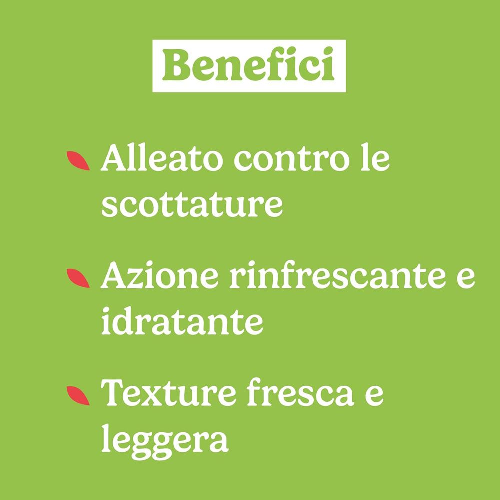 Testo su sfondo verde. Testo: Benefici: Alleato contro le scottature, rinfrescante, texture leggera.