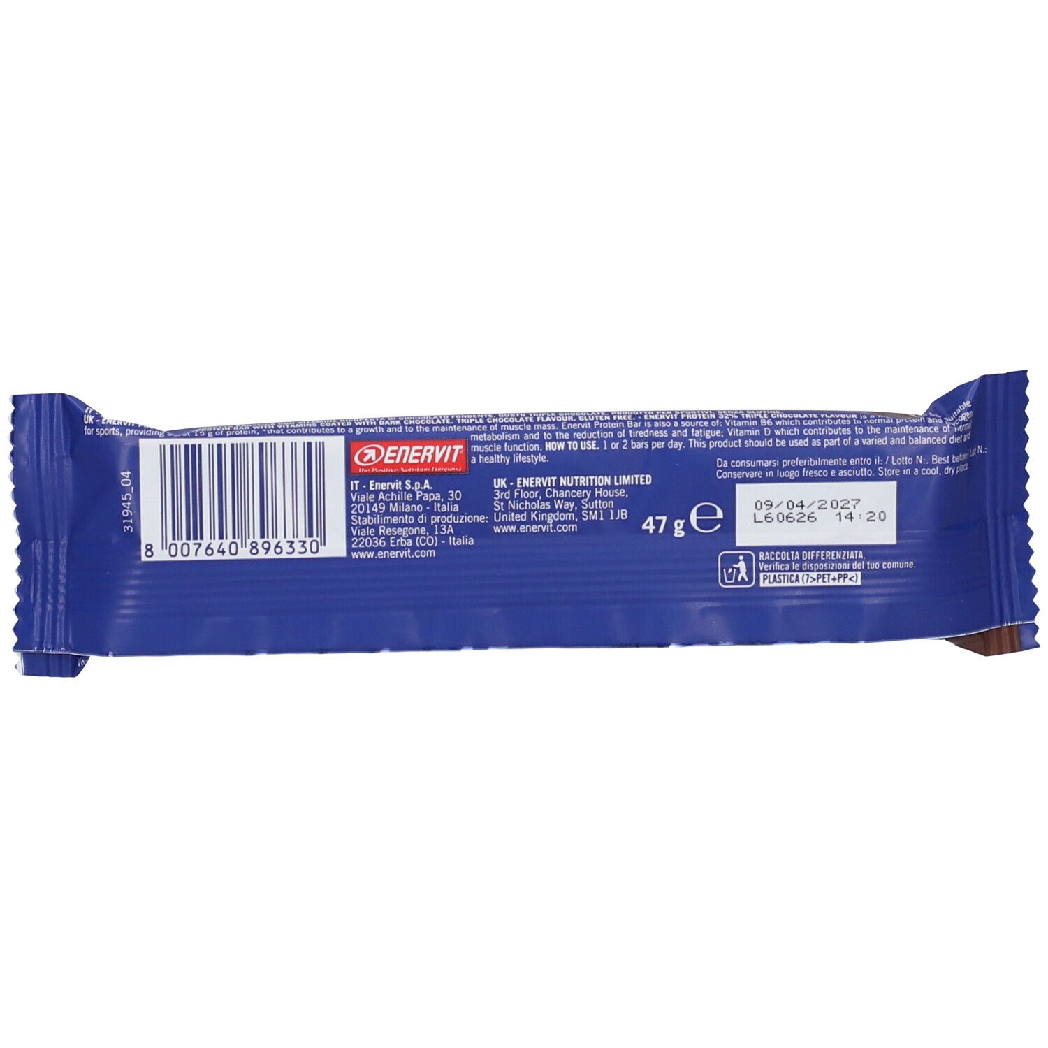 Retro di una barretta Enervit Protein 32% con informazioni nutrizionali e codice a barre.