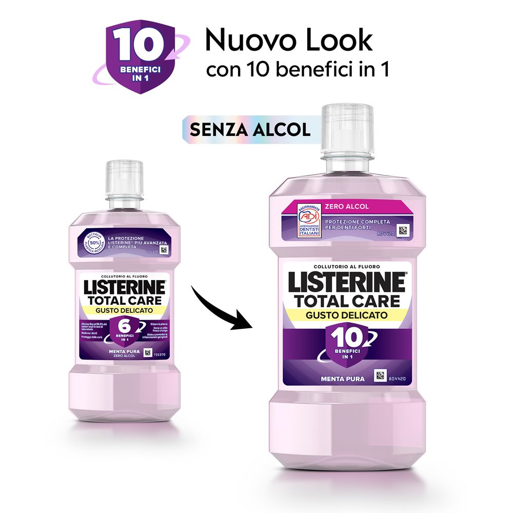 Confronto: Listerine Total Care con 6 e 10 benefici. Bottiglie con liquido rosa.