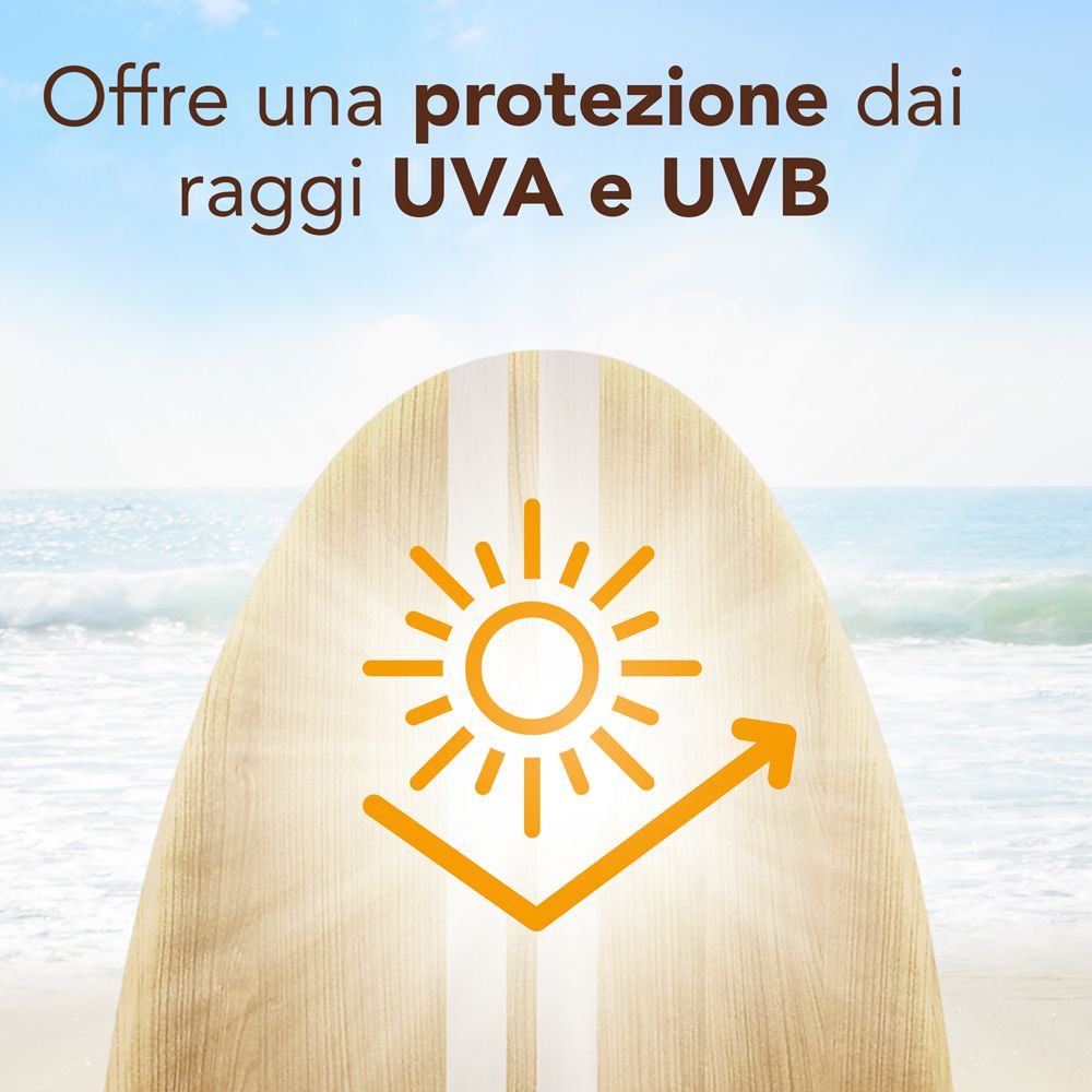 Tavola da surf con sole e freccia, testo: Offre protezione dai raggi UVA e UVB.