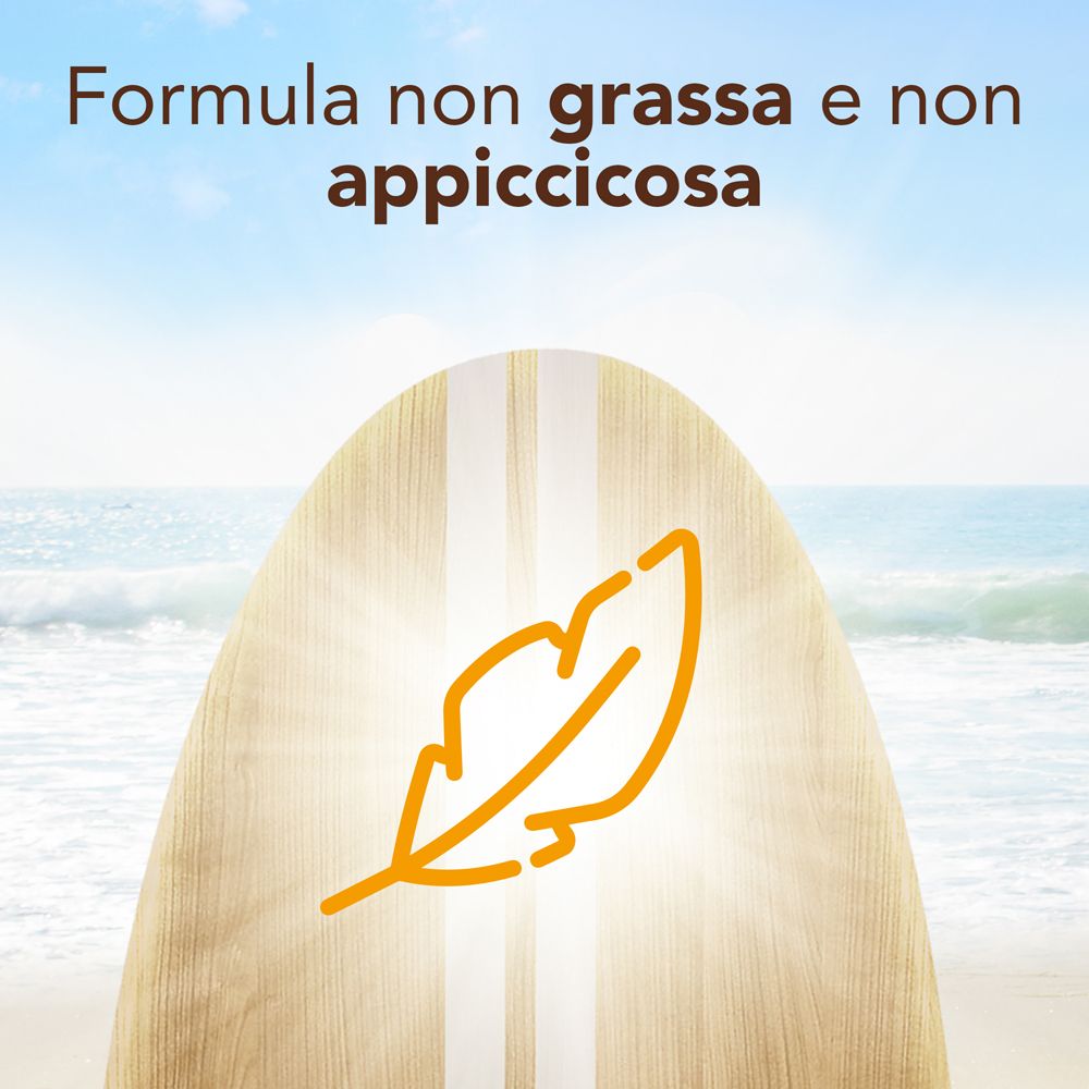 Tavola da surf con simbolo di piuma, testo: Formula non grassa e non appiccicosa.