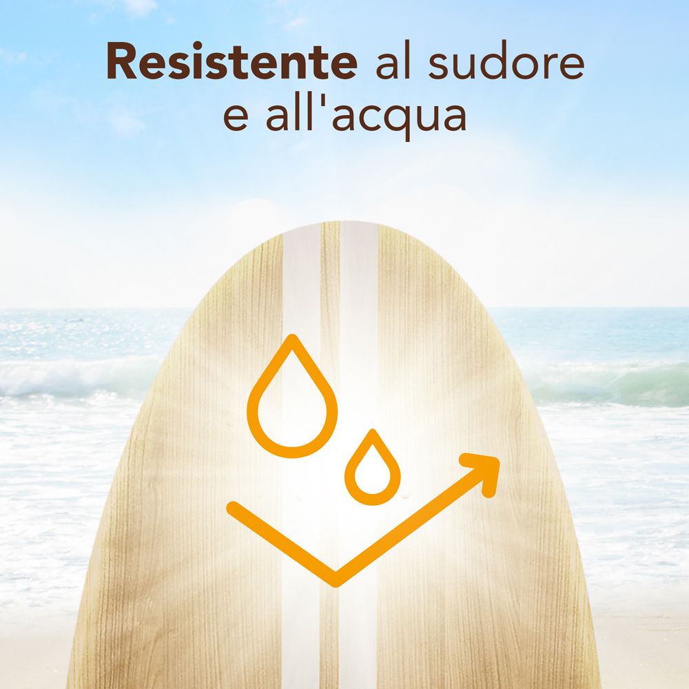 Tavola da surf con gocce d'acqua e freccia, testo: Resistente al sudore e all'acqua.