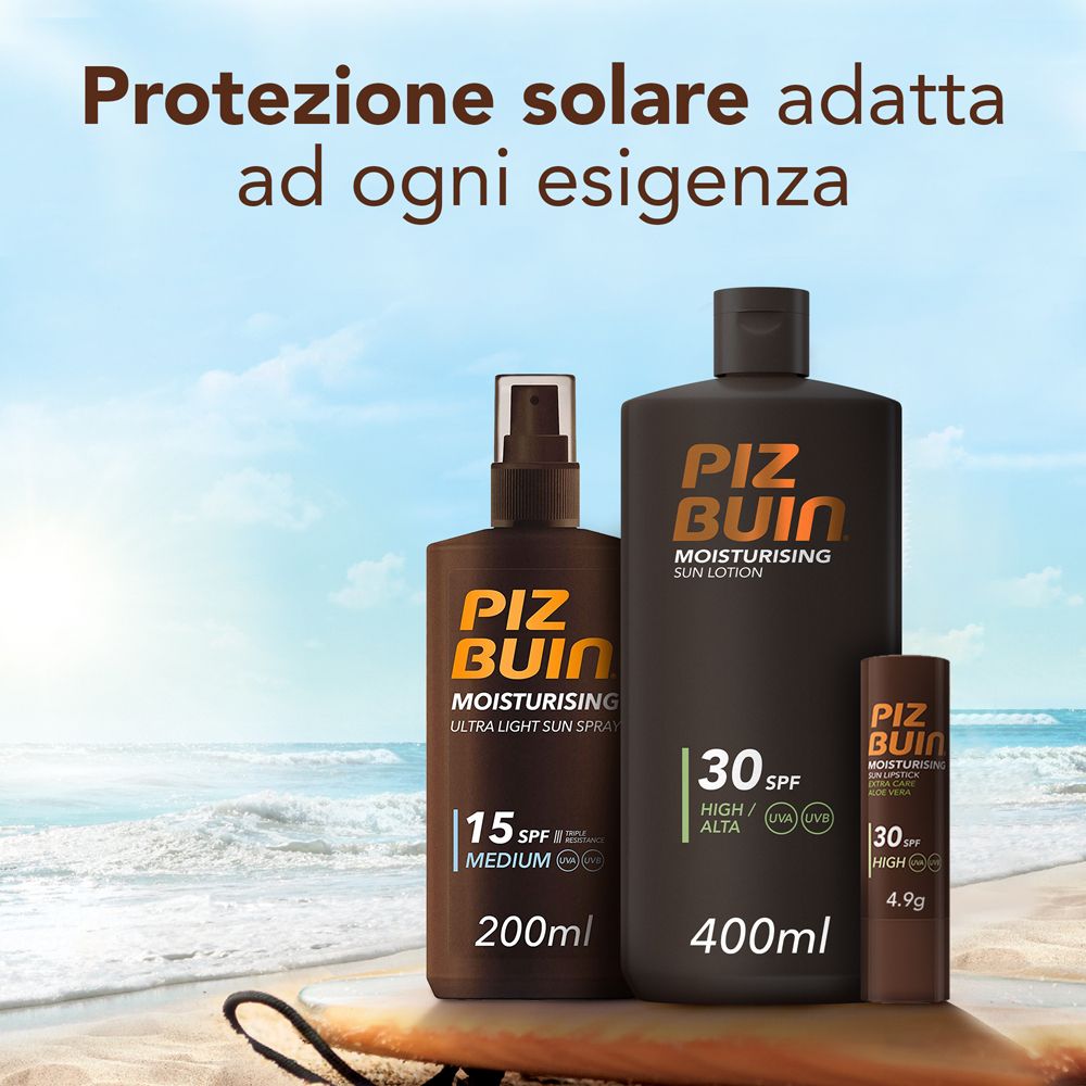 Prodotti solari Piz Buin. Flaconi e stick. Testo: protezione solare per tutti.