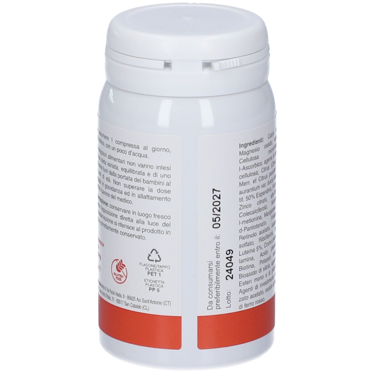 Retro del flacone bianco con etichetta AD ENERGY. Contiene informazioni. Scadenza 05/2027. Striscia rossa.