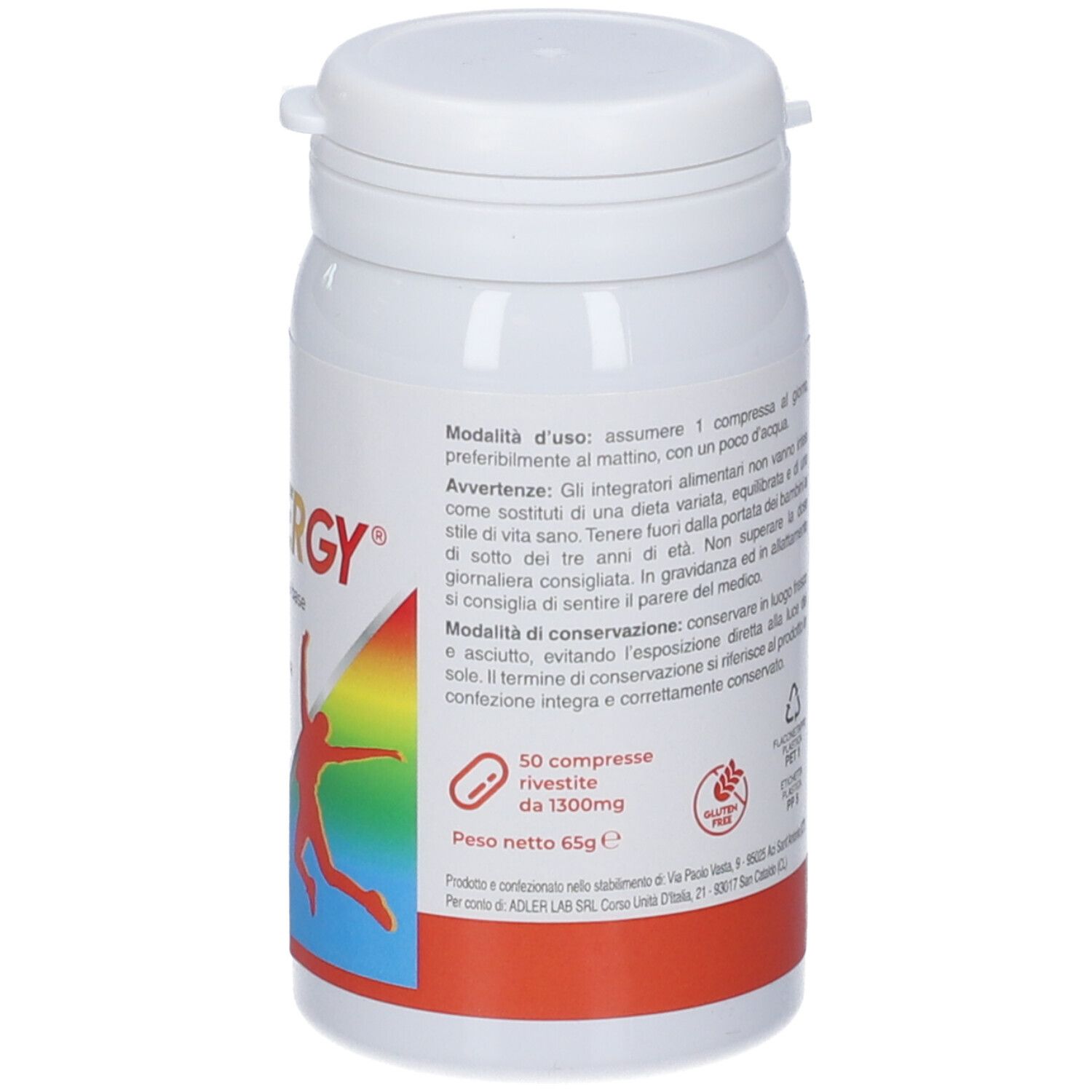 Flacone bianco con etichetta AD ENERGY. Contiene 50 compresse. Peso 65g. Striscia rossa in basso.