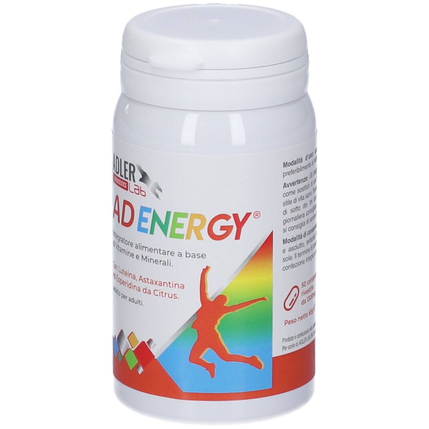 Flacone bianco con etichetta AD ENERGY. Contiene vitamine e minerali. Con luteina, astaxantina ed esperidina.
