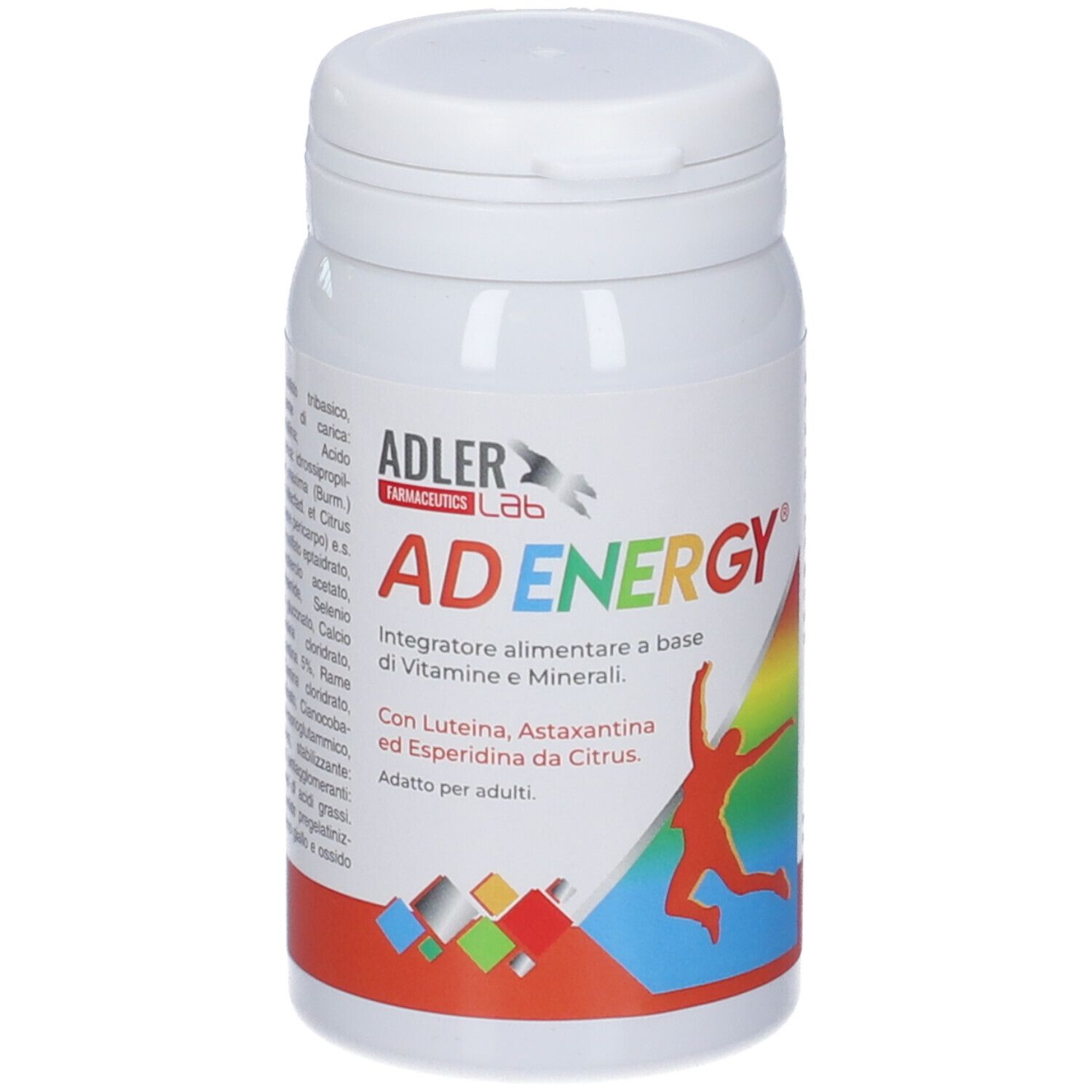 Flacone bianco con etichetta AD ENERGY. Contiene vitamine e minerali. Con luteina, astaxantina ed esperidina.