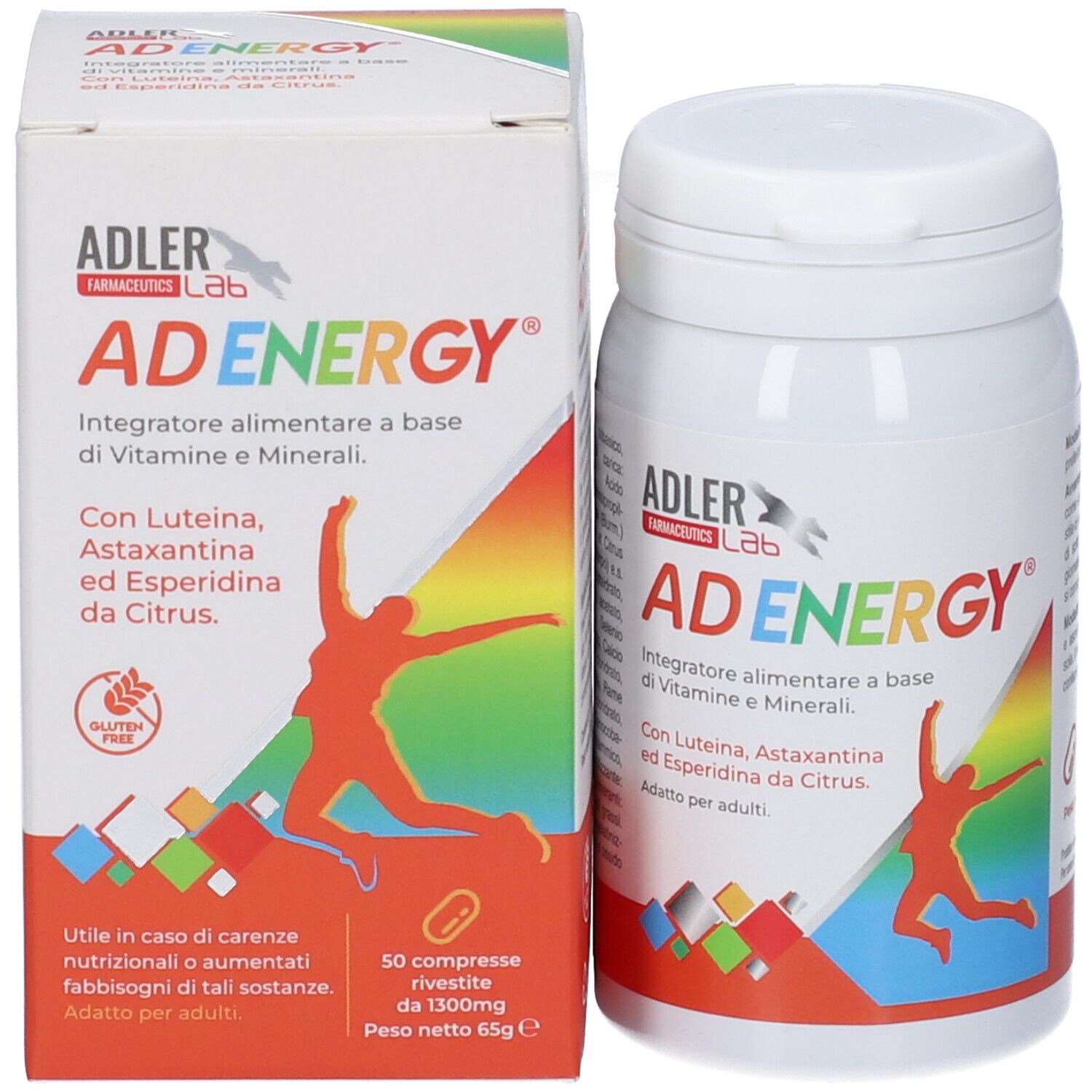 Prodotto AD ENERGY con confezione. Contiene 50 compresse. Senza glutine. Con vitamine e minerali.