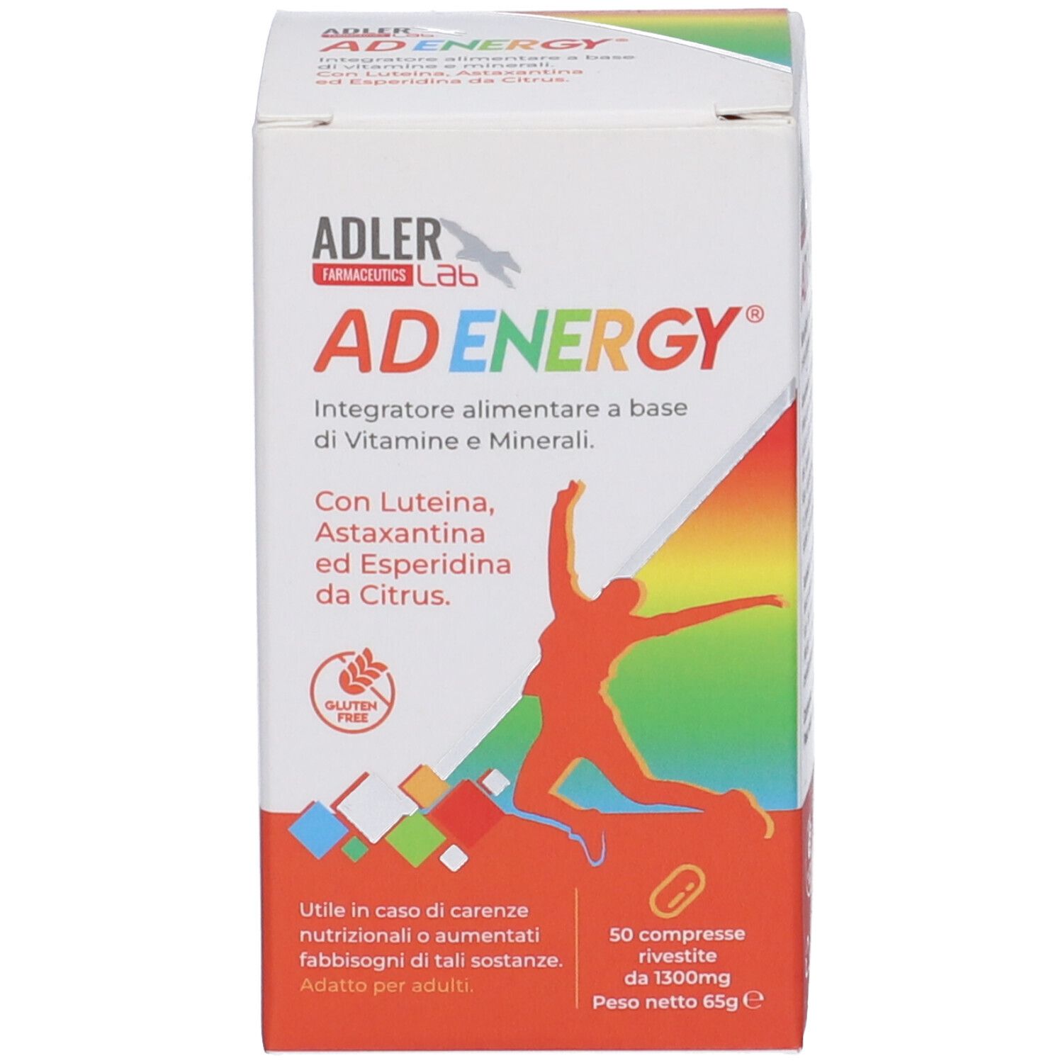 Confezione del prodotto AD ENERGY. Contiene 50 compresse. Senza glutine. Con vitamine e minerali.