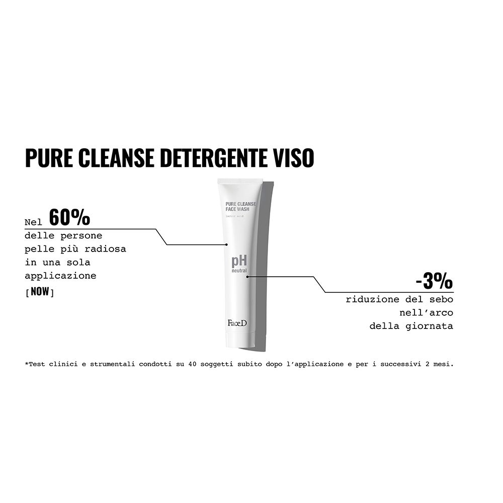 Tubo con testo e diagramma. Testo: 'Pure Cleanse Detergente Viso'. 60% di pelle più radiosa in un'applicazione.