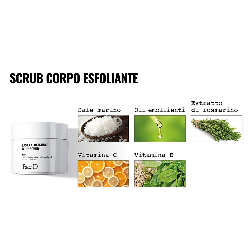 Ingredienti illustrati: sale marino, oli, rosmarino, vitamina C, vitamina E. Accanto: vaso con scritta: Face D.