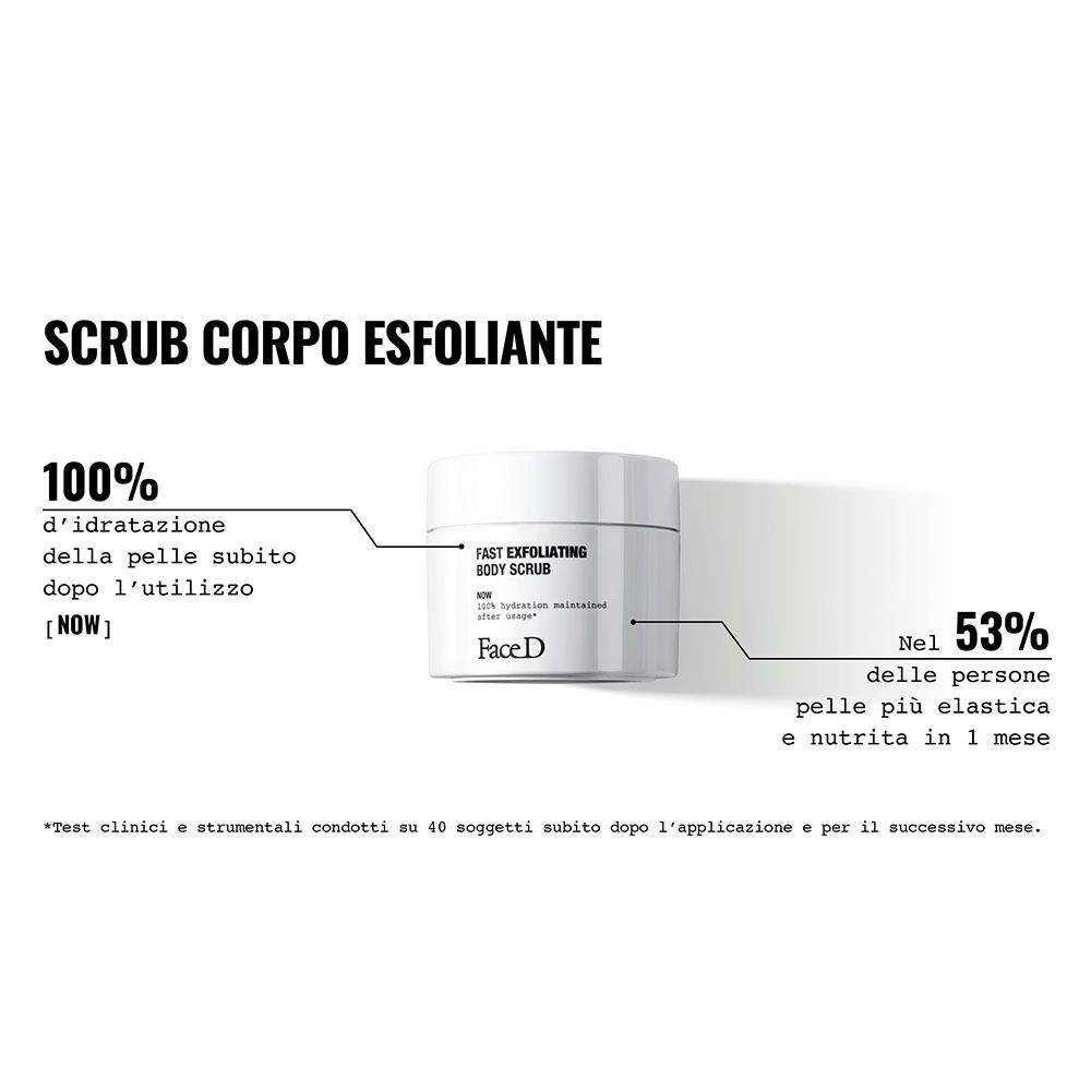 Vaso con scritta: Face D. Testo: 100% idratazione della pelle dopo l'uso. Grafico: 53% di pelle più elastica.