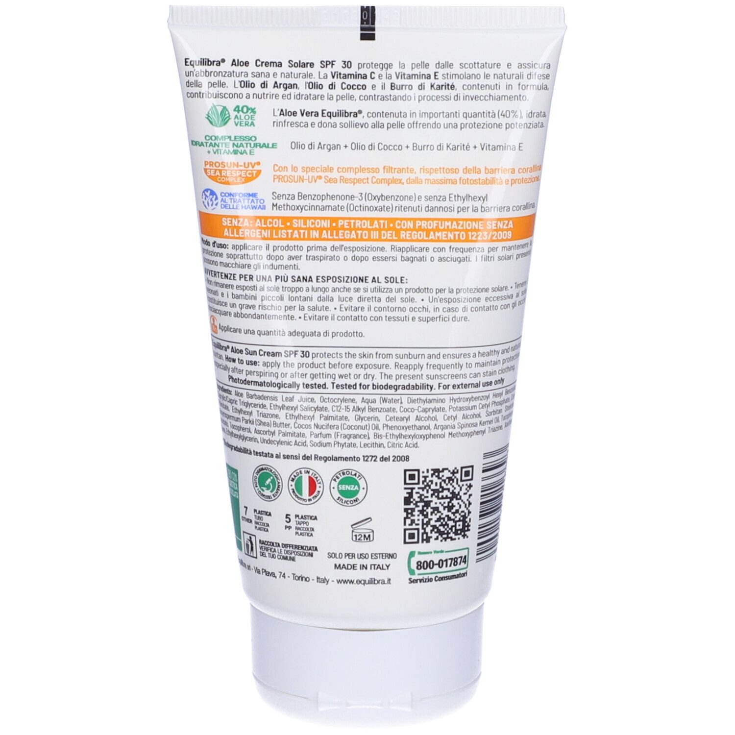 Retro del tubo Equilibra® Aloe Crema Solare SPF 30. Testo multilingue, codice QR, certificazioni.