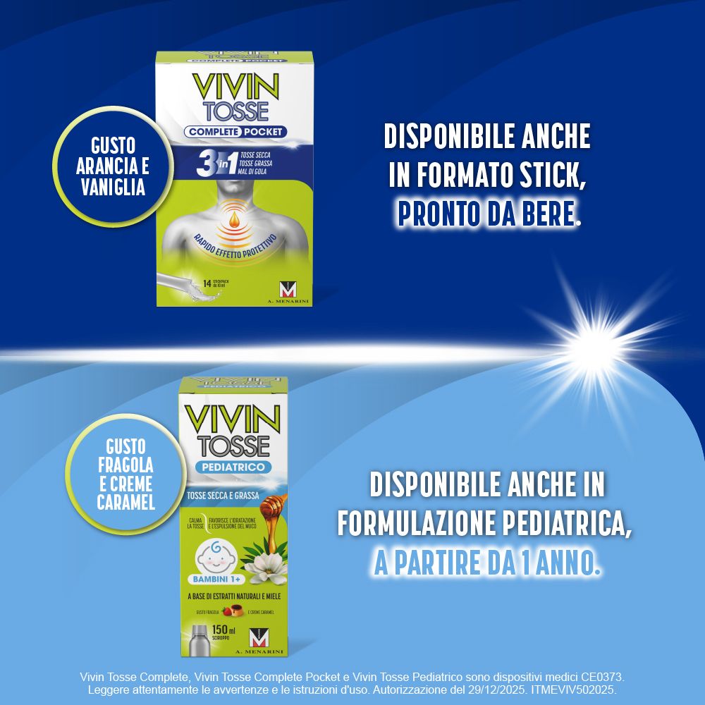 Vivin Tosse Complete Pocket e Pediatrico. Gusto: Arancia-vaniglia, fragola-caramello. In stick e pediatrico.