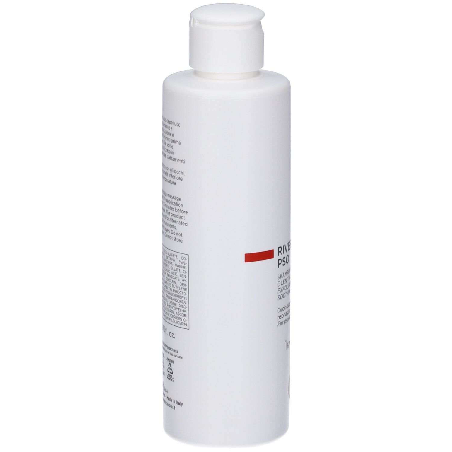 Retro di un flacone bianco Canova Rivescal Pso Shampoo con informazioni testuali.