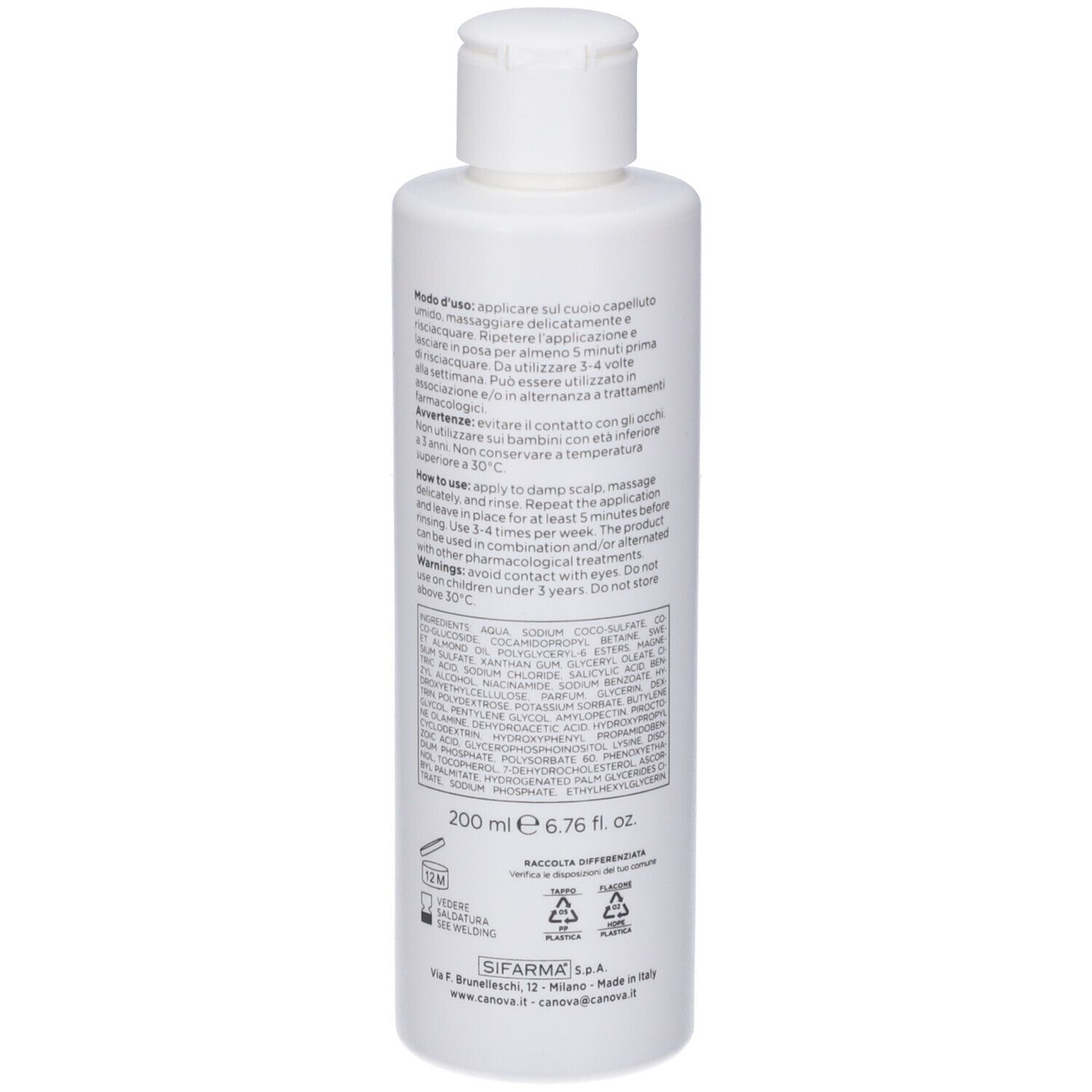 Retro di un flacone bianco Canova Rivescal Pso Shampoo con testo dettagliato e volume.