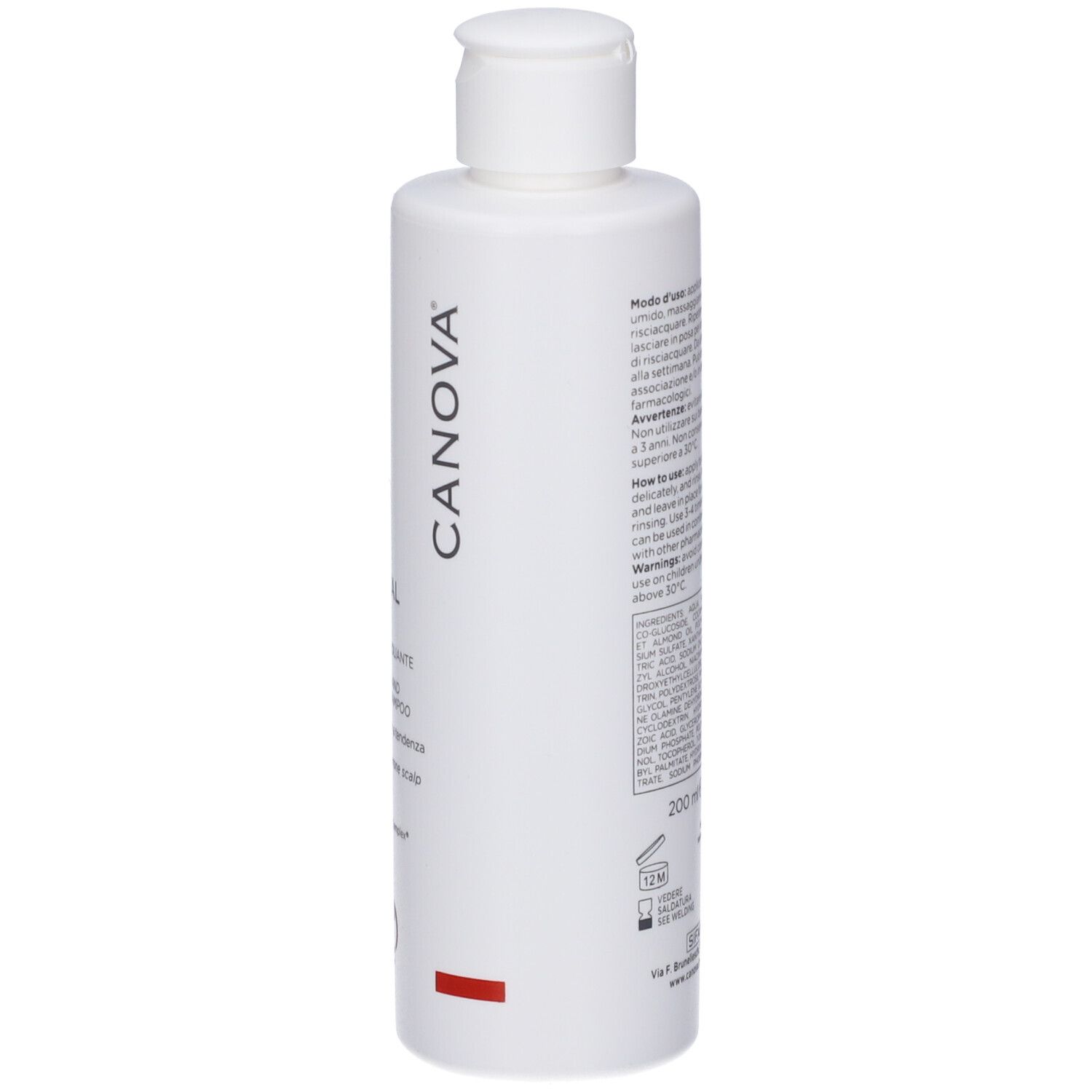Lato di un flacone bianco Canova Rivescal Pso Shampoo con testo e logo.