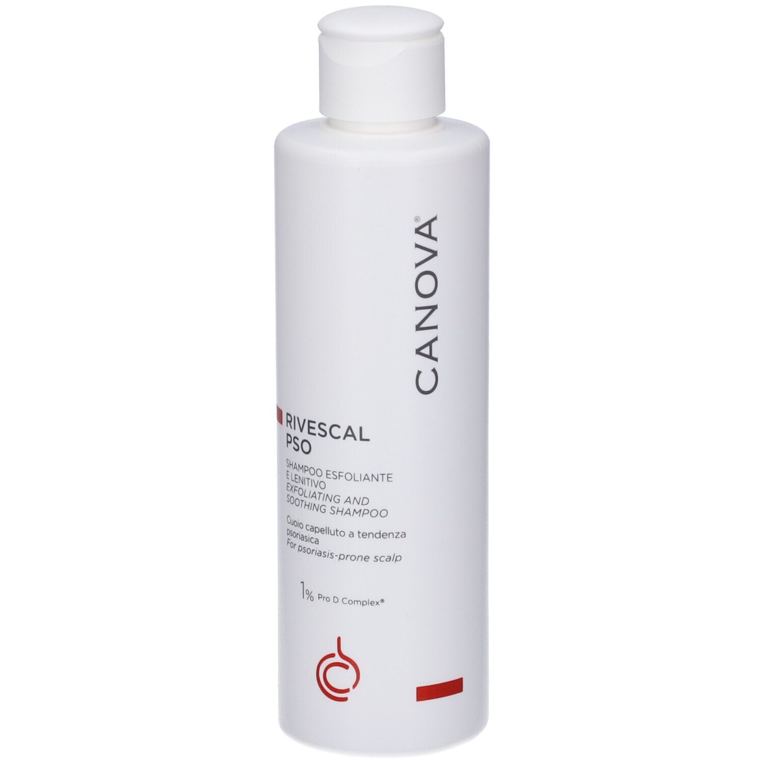 Flacone bianco Canova Rivescal Pso Shampoo con striscia rossa e testo.