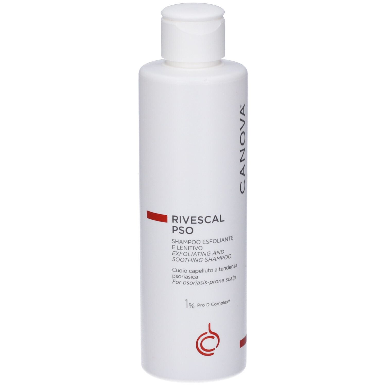 Flacone bianco Canova Rivescal Pso Shampoo con striscia rossa e testo.