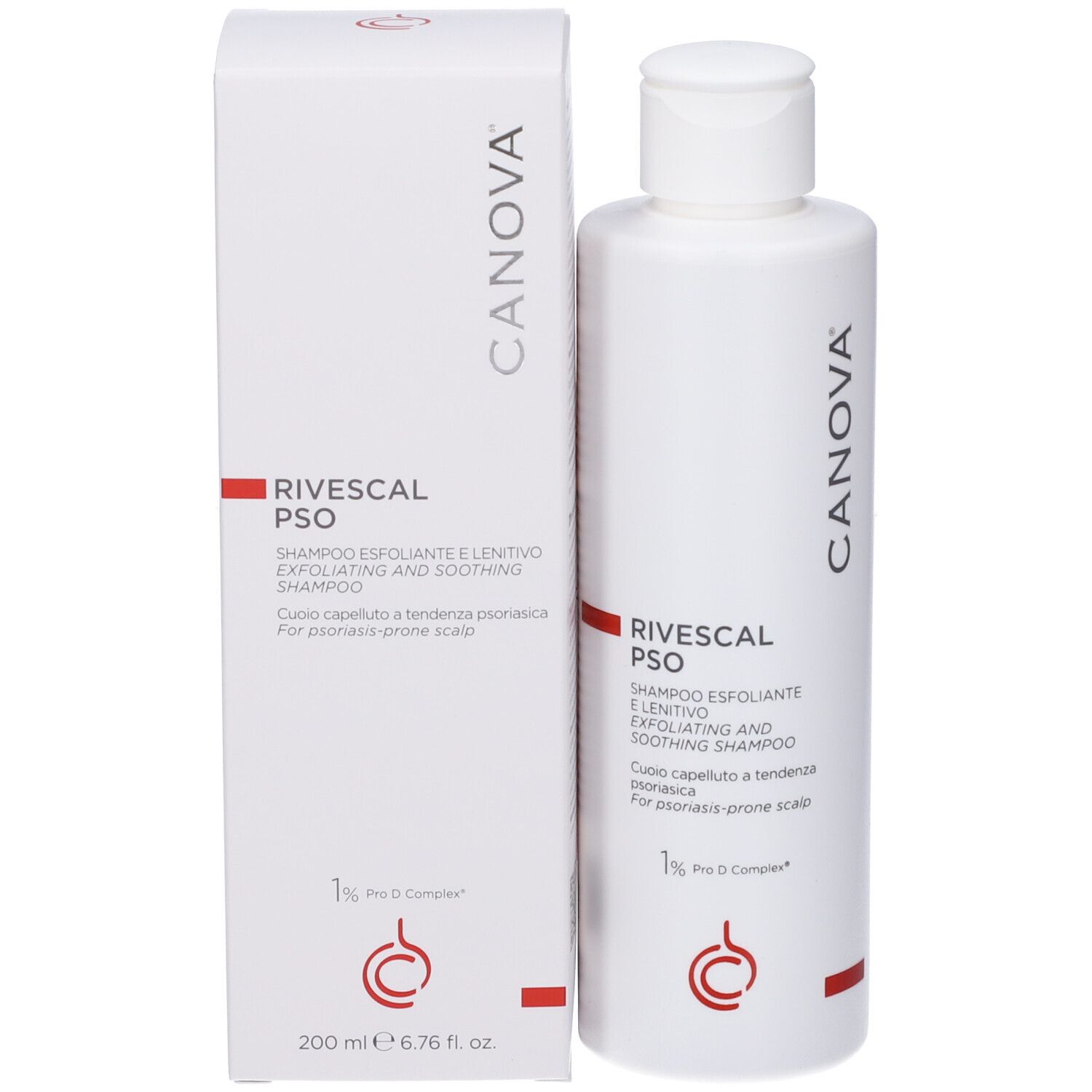 Flacone e confezione Canova Rivescal Pso Shampoo con testo e logo.