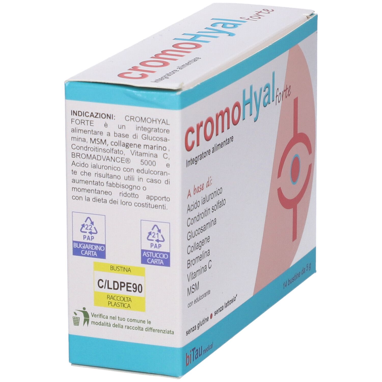Scatola con informazioni sul prodotto. Contiene ingredienti, indicazioni e simboli di riciclaggio.
