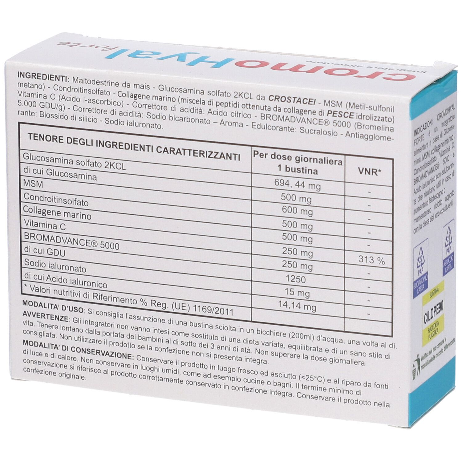 Scatola con informazioni nutrizionali. Contiene una tabella con ingredienti e valori nutrizionali per porzione.