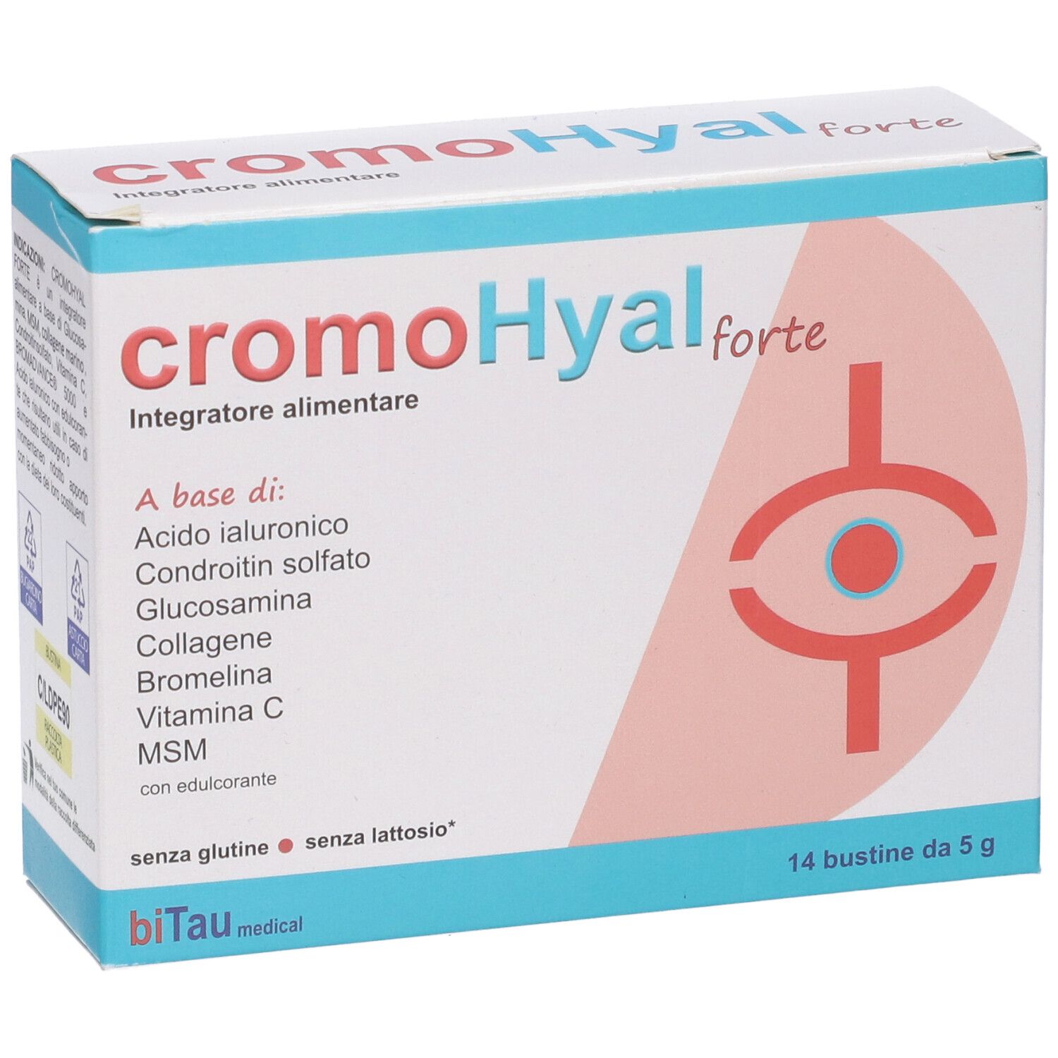 Scatola con nome del prodotto e ingredienti. 14 bustine. Senza glutine e lattosio.