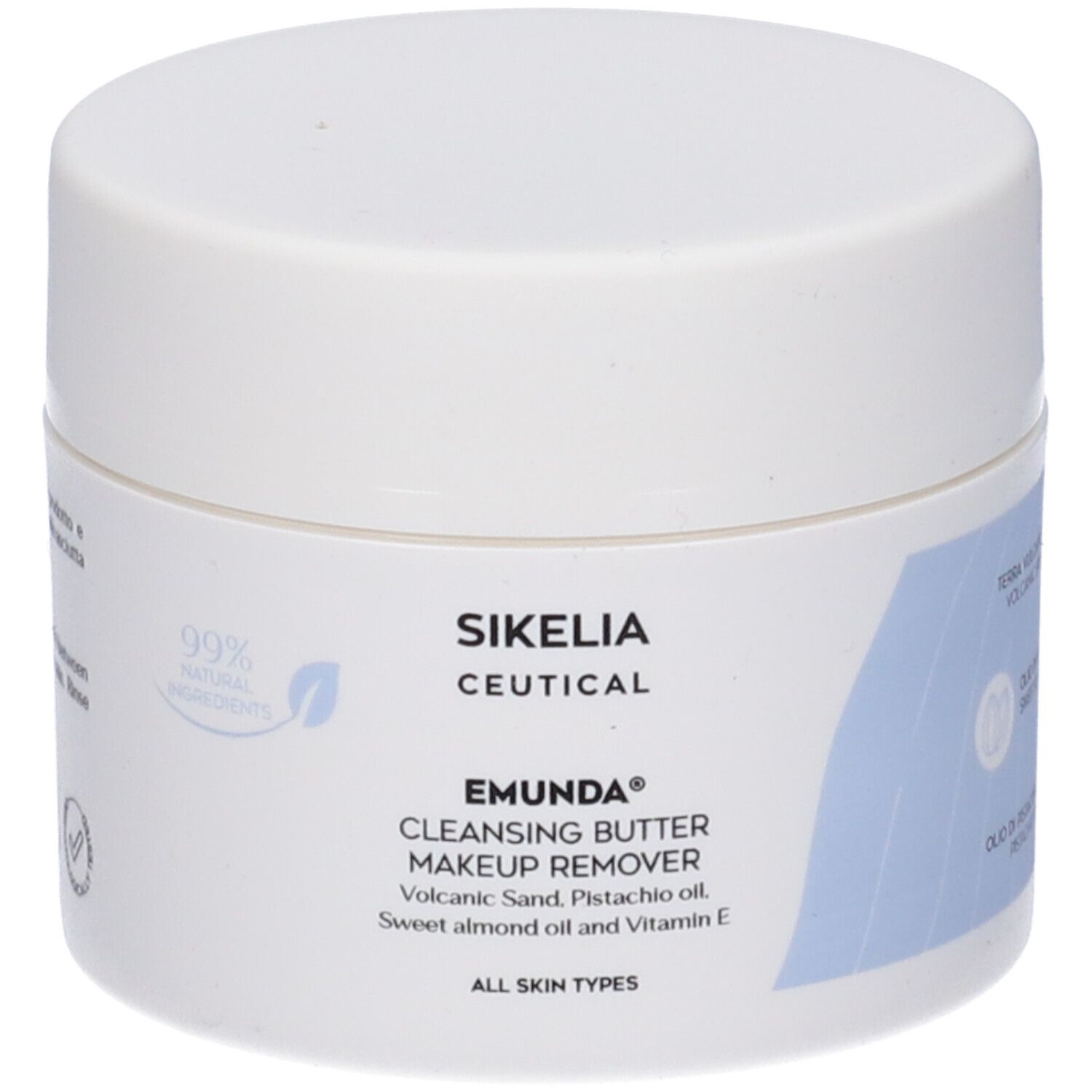 Vaso bianco con scritta: Sikelia Ceutical, Emunda Cleansing Butter Makeup Remover. 99% ingredienti naturali.