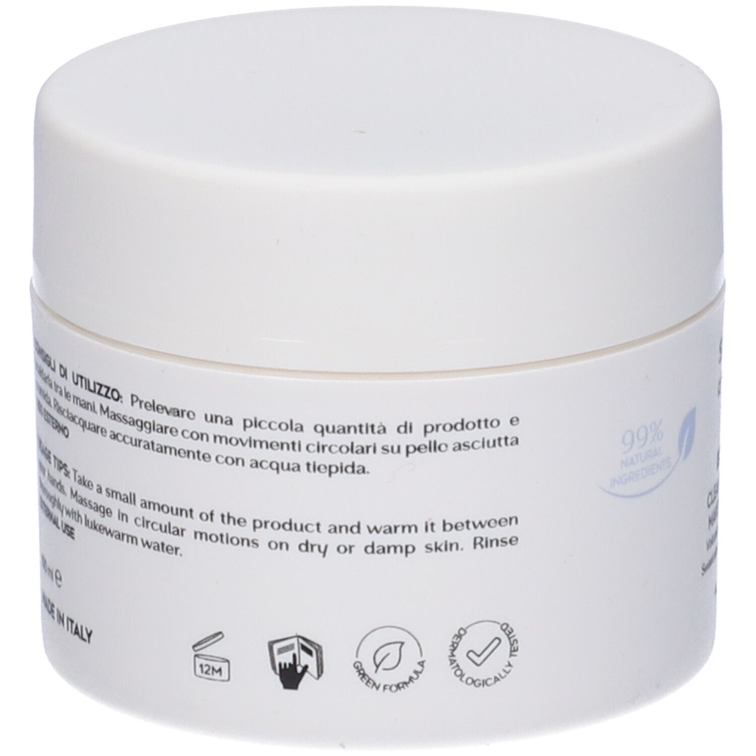 Vaso bianco con scritta e testo. Retro con testo e loghi. 99% ingredienti naturali.