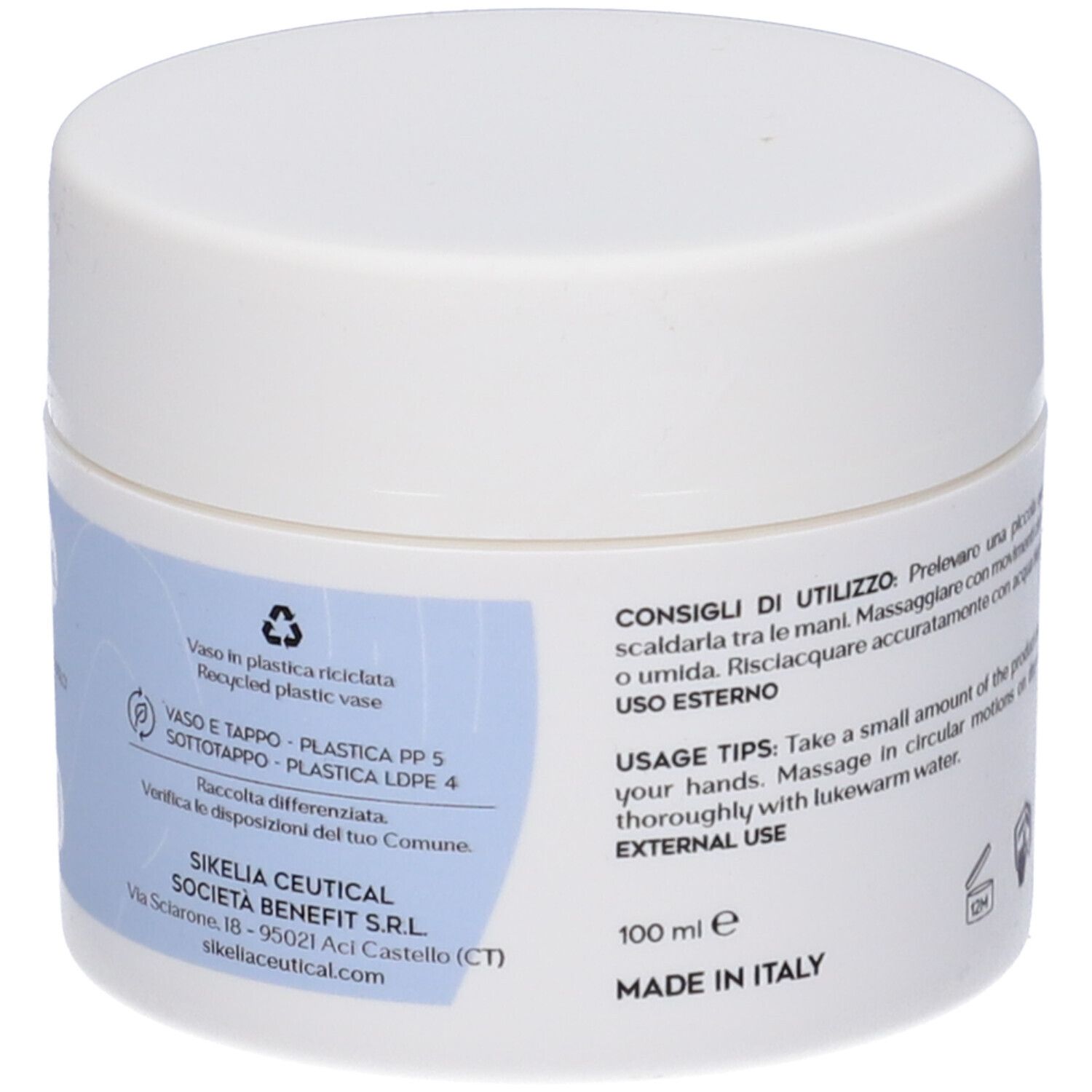 Vaso bianco con scritta e testo. Retro con testo e loghi. Prodotto in Italia. 100 ml.