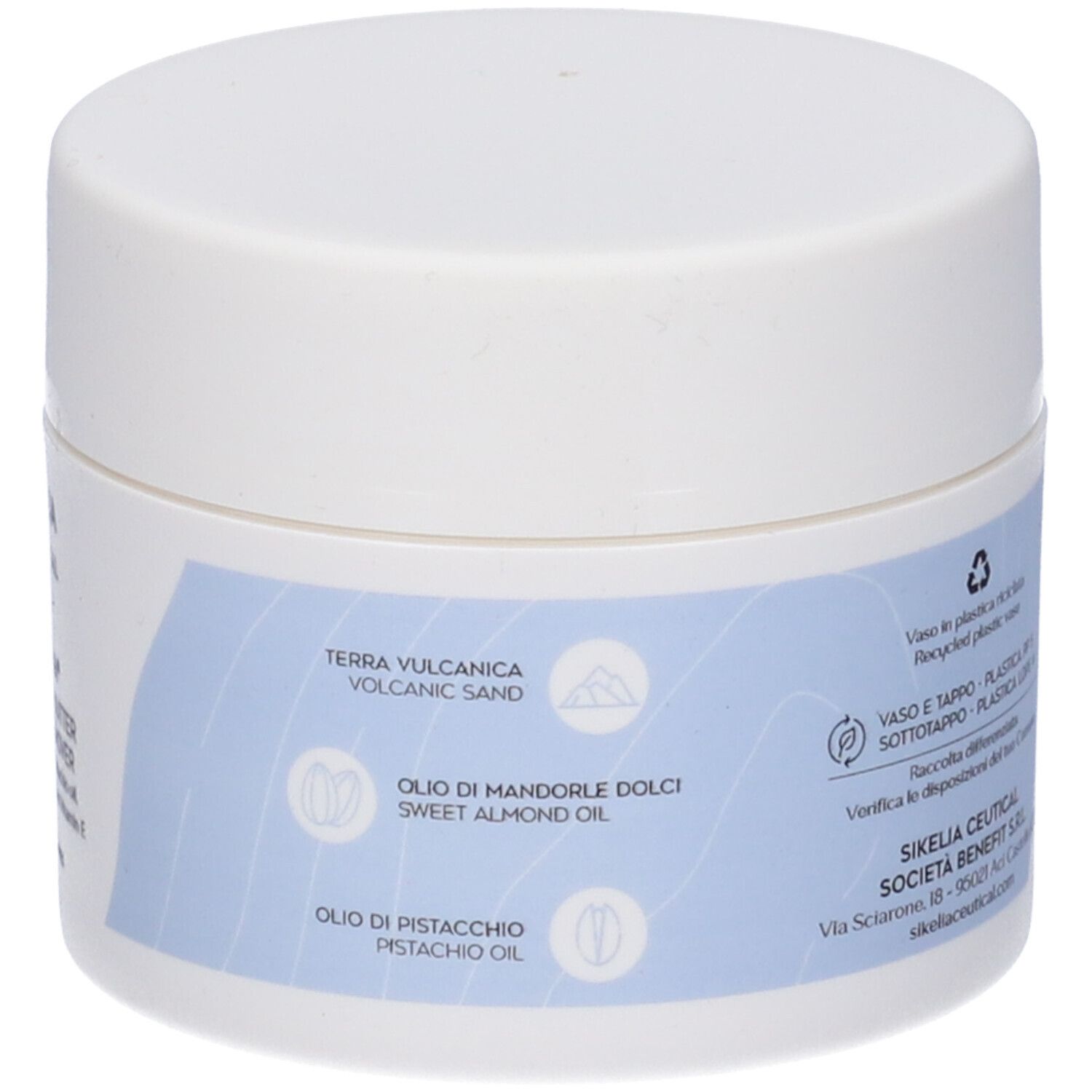 Vaso bianco con scritta e testo. Retro con testo e loghi. Ingredienti: Terra vulcanica, olio di mandorle, olio di pistacchio.
